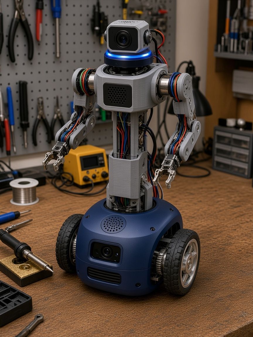 The R2-D3 style droid with dome head, hobby-servo arms and blue drive base.
