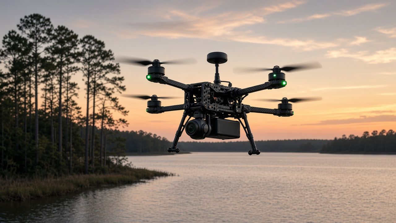 Grok Scout flying an autonomous mission at sunset. Fully autonomous, no RC piloting.